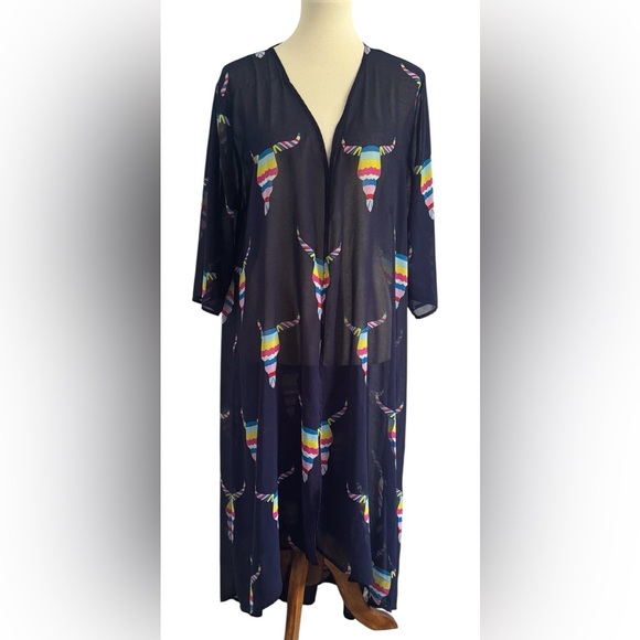 Southern Stitch Navy Blue Colorful Cow Skulls Old West Lightweight Duster Size L - Picture 1 of 10